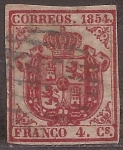 Stamps Europe - Spain -  Escudo de España 1854  4 cuartos papel delgado