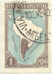 Sellos de America - Argentina -  TIPO DE 1935,SIN FRONTERAS. MAPA ARGENTINA EN SUDAMÉRICA. YVERT AR 386