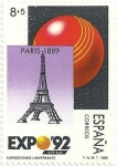 Stamps : Europe : Spain :  EXPO SEVILLA´92. EXPOSICIONES UNIVERSALES. TORRE EIFFEL, PARÍS 1889. EDIFIL 2991