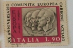 Stamps : Europe : Italy :  20 ANIVERSARIO DE LA COMUNIDAD EUROPEA DEL CARBÓN Y DEL ACERO