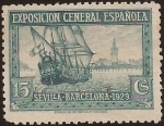 Stamps Spain -  Galeón y Sevilla  1929  15 cents