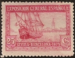Stamps Spain -  Galeón y Vista Sevilla. Pro Expo BCN y Sevilla  1929  25 cents