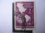 Stamps Argentina -  Conferencia Económica Interamericana Buenos Aires 1957 - Mapa de América y Escudo de Armas.