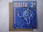 Stamps : Europe : Malta :  Era Proto Cristiana - Historia de Malta Templo Romano,Crismán,Lámpara- Serie 1965-1977
