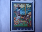 Stamps Hungary -  Caminando en el Jardín - Serie:Grabados de Maderas coloreadas- Museo de Arte Asiático. 