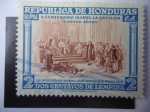 Sellos del Mundo : America : Honduras : V Centenario Isabel la Católica - Los Reyes Católicos reciben a Colón después de su primer viaje.