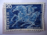 Stamps Switzerland -  Planetario Verkehrshaus Luzerna. Caballo Alado- Costelación de pegasus.