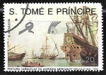 Stamps : Africa : S�o_Tom�_and_Pr�ncipe :  Veleros -  Caravels, Merchant Ships in Harbor, 16th Century