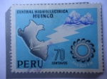Sellos de America - Per� -  Central Hidroeléctrica Huinco - Mapa de Perú-Montañas-Turbina 