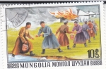 Stamps Mongolia -  brigada con cubo lucha contra incendio