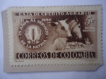 Stamps Colombia -  Caja de Crédito Agrario (1931-1956) 25 Años al Servicio de la Patria-Emblema-Tractor-Agricultura.
