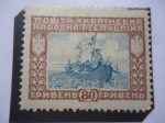 Stamps : Europe : Ukraine :  Bote, con Cosacos Ucranianos - Barca Cosaca del S.XVII