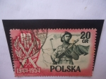 Sellos de Europa - Polonia -  Medalla del 10° Aniversario de la Polonia Popular 1944-1954 - PLR - Soldado Bandera y Mapa.