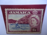 Stamps : America : Jamaica :  Rafting en el Río Grande - Serie: Elizabeth II 1956-1958
