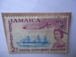 Stamps : America : Jamaica :  Centenario del Servicio Postal Jamaicano, 1860-1960 - Avión sobre Barco -  Serie: Elizabeth II - Jam