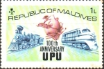 Stamps : Asia : Maldives :  100th  ANIVERSARIO  DE  LA  U.P.U.  EMBLEMA,  ANTIGUO  Y  NUEVO  TREN.