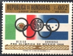 Stamps Honduras -  19th  JUEGOS  OLÍMPICOS  MÉXICO  1968.  AROS  OLÍMPICOS,  BANDERA  DE  MÉXICO  Y  HONDURAS.