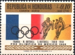Stamps : America : Honduras :  19th  JUEGOS  OLÍMPICOS  MÉXICO  1968.  AROS  OLÍMPICOS,  BANDERA  DE  FRANCIA  Y  ESQUÍ  FEMENINO.