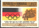 Stamps Honduras -  19th  JUEGOS  OLÍMPICOS  MÉXICO  1968.  AROS  OLÍMPICOS,  BANDERA  DE  ALEMANIA  Y  EQUIPO  ECUESTRE