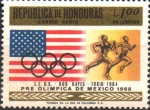 Stamps : America : Honduras :  19th  JUEGOS  OLÍMPICOS  MÉXICO  1968.  AROS  OLÍMPICOS,  BANDERA  DE  U.S.A.  Y  CARRERA  MASCULINA
