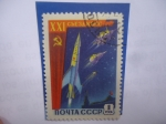 Stamps Russia -  URSS - 21 Congreso del Partido Comunista - Satelites Terrestres, Cohete Lunar- Kremlin-Moscú