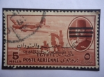 Stamps Egypt -  King Farouk de Egipto-Avión DC-4 sobre la Presa del Nilo-Sello Sobrestampado con 3 rayas negras.