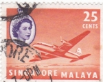Stamps : Asia : Singapore :  avión e IsabelII