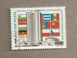 Stamps : Europe : Hungary :  Edificio del Comecon en Moscú y banderas de los miembros