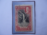 Sellos del Mundo : America : Saint_Lucia : Ventine Falls - Cascada - Serie: King George V- Sello de 1,1/2 penique Británico (viejo) Año 1936.
