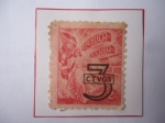 Stamps Cuba -  Mujer sostiene Bandera y Estuche de Tabaco- Industria Tabacalera-Sello Sobretasa: 3 Ctvs sobre 2 Ctv