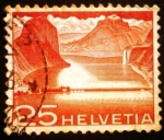 Stamps Switzerland -  Paisajes. Dam near Melide (Lake Lugano)