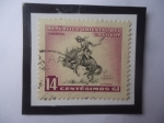 Sellos de America - Uruguay -  La Doma - Gaucho amansando un Caballo- Sello de 14 Céntimo, año 1954.
