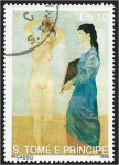 Sellos de Africa - Santo Tom� y Principe -  Pintores 1990, Chica sujetando espejo para desnudos, de Picasso