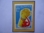 Stamps Romania -  Trigo-Emblema de la Hoz- Finalización Proyecto de Colectivización Agrícola.