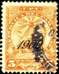 Stamps : America : Paraguay :  León y gorro frigio. Paz y justicia. Sobreimpreso 1909.