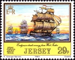 Stamps United Kingdom -   250 aniversario del nacimiento de Philippe de Carteret, 1733-1797, HMS Endymion liderando convoy de