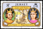 Stamps : Europe : United_Kingdom :  Vínculos históricos entre Jersey y Francia. Juan de Inglaterra, Felipe Augusto de Francia, Sitio de 