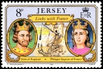 Sellos de Europa - Reino Unido -  Vínculos históricos entre Jersey y Francia. Juan de Inglaterra, Felipe Augusto de Francia, Sitio de 