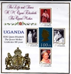 Stamps : Africa : Uganda :  REINA ELIZABETH, REINA MADRE 100 AÑOS