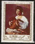 Stamps United Arab Emirates -  AJMAN - Pintura  Caravaggio - mujer tocando el laud - L´Ermitage Leningrado