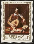 Stamps United Arab Emirates -  AJMAN - Pintura  Caravaggio - el tocador de laud - Galeria Sabauda -Turín