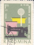 Stamps Romania -  Costura: máquina de coser, tela y porta alfileres