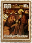 Stamps Rwanda -  Año internacional del libro. Pinturas, San Jerónimo quitando la espina de la garra del león, de Cola