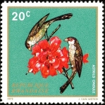 Stamps : Africa : Rwanda :  Aves Nativas, Waxbill Común (Estrilda astrild), Hibisco