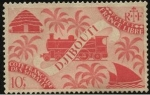 Stamps Somalia -  Costa Francesa de Somalia. DJIBOUTI.  Choza, locomotora y barco a vela.