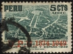 Stamps Peru -  75 aniversario de UPU, 1874-1949. Avión sobrevolando el parque de la Reserva de Lima.