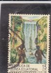 Sellos de Africa - Guinea Ecuatorial -  cascada de Ilachi y jovenes bañandose