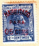 Stamps : Europe : Spain :  1907 Guinea: Alfonso XIII 2 c habilitado para 5 c Edifil 58T
