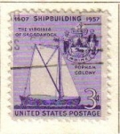 Stamps United States -  USA 1957 Scott 1095 Sello Construccion Naval de Sagadhock Virgina y sello del Maine usado