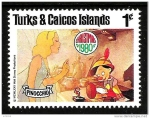 Stamps : America : Turks_and_Caicos_Islands :  TURKS & CAICOS ISLANDS 1980 Scott444 Sello Nuevo Disney Escenas de Pinocchio Navidad 1c